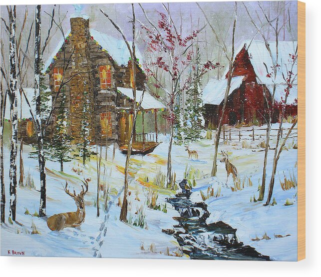 City Paintings Wood Print featuring the painting Christmas Cabin by Kevin Brown