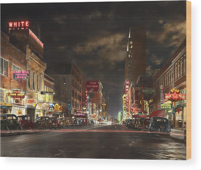 Color Wood Print featuring the photograph City - Dallas TX - Elm street at night 1941 by Mike Savad