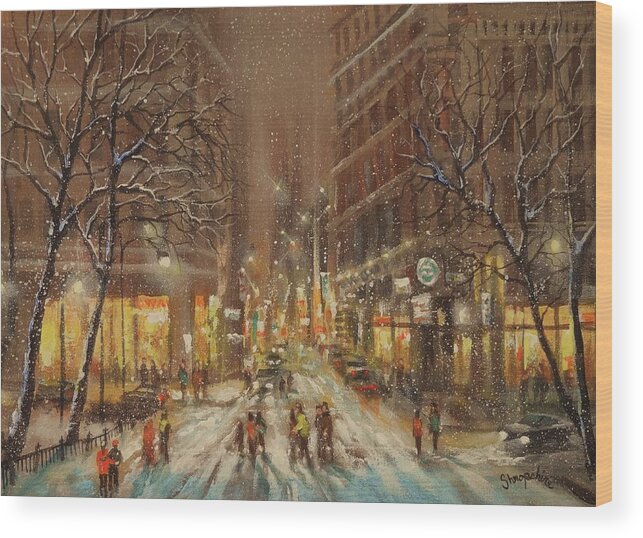  Falling Snow; City At Night; City Lights; Holiday Shoppers; Tom Shropshire Painting; Night Lights; Cityscape; Urban Landscape Wood Print featuring the painting City Snow by Tom Shropshire
