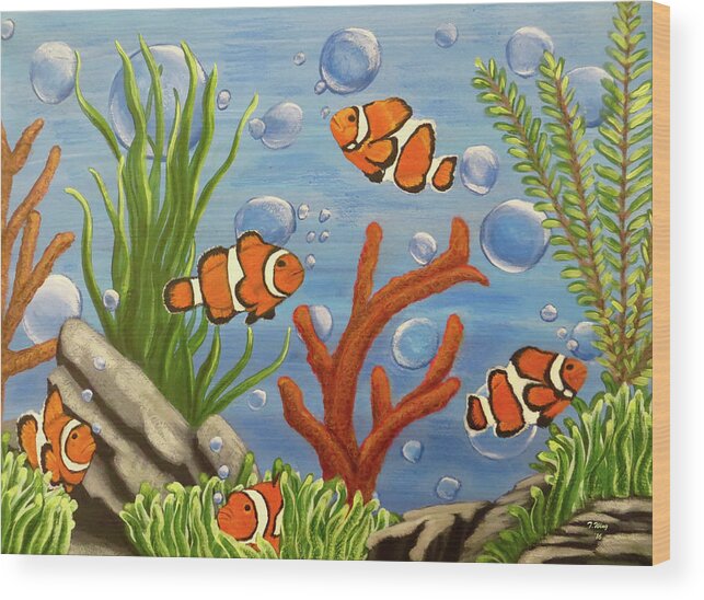 Clownfish Wood Print featuring the painting Clowning around by Teresa Wing