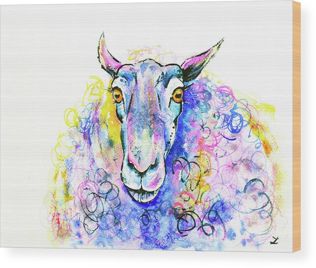 Sheep Wood Print featuring the painting Colorful Sheep by Zaira Dzhaubaeva