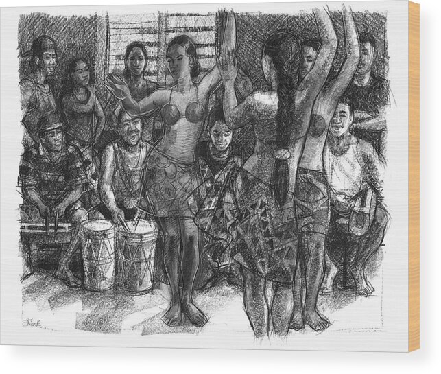 Dance Team Wood Print featuring the drawing Cook Islands Dance Team at Practice by Judith Kunzle
