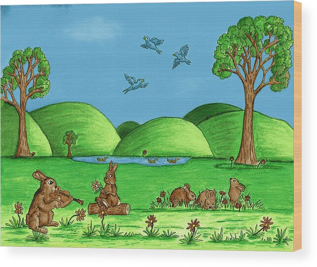 Landscape Wood Print featuring the drawing Country Bunnies by Christina Wedberg