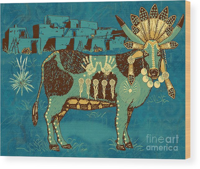 Native Wood Print featuring the digital art Cowchina by Laura Brightwood
