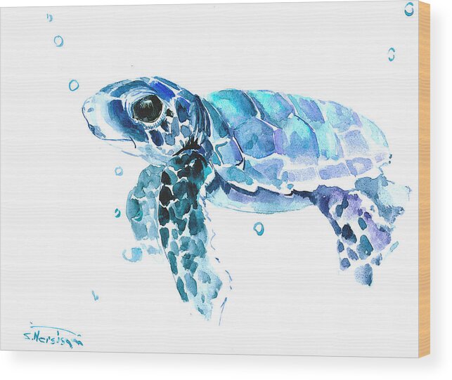 Turtle Wood Print featuring the painting Cute Baby Turtle by Suren Nersisyan