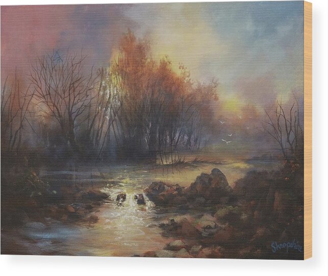 Stream Wood Print featuring the painting Daybreak Willow Creek by Tom Shropshire