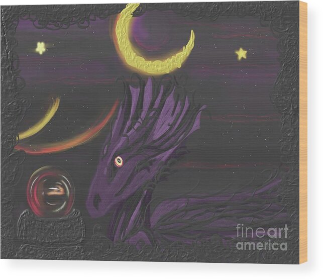 Dragon Wood Print featuring the painting Dragon Night by Roxy Riou