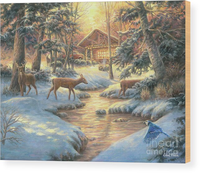 Snow Cabin Wood Print featuring the painting Drifting Through by Chuck Pinson