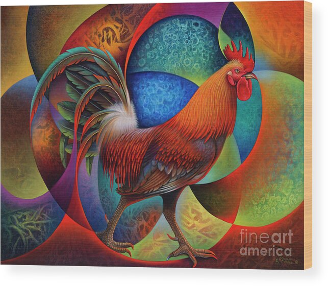 Rooster Wood Print featuring the painting Dynamic Rooster - 3D by Ricardo Chavez-Mendez