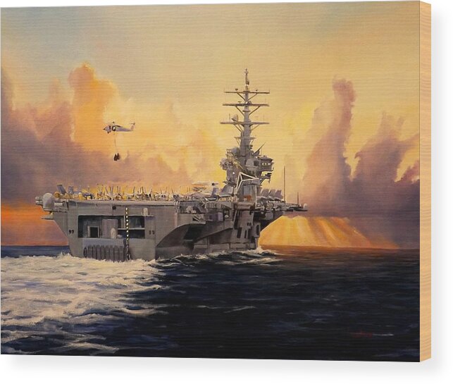 Aircraft Carrier Wood Print featuring the painting Early Morning Delivery by Barry BLAKE