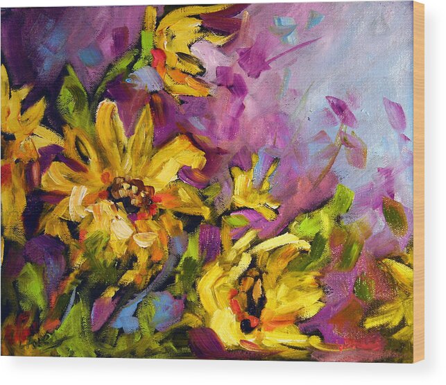 Yellow Sunflower Painting Wood Print featuring the painting Early Sunflowers by Laurie Pace