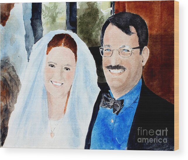 A Bride And Groom On Their Wedding Day. Wood Print featuring the painting Emily And Jason by Monte Toon