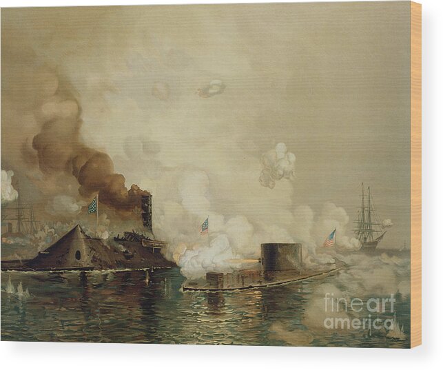 Armored Wood Print featuring the painting First Fight between Ironclads by Julian Oliver Davidson