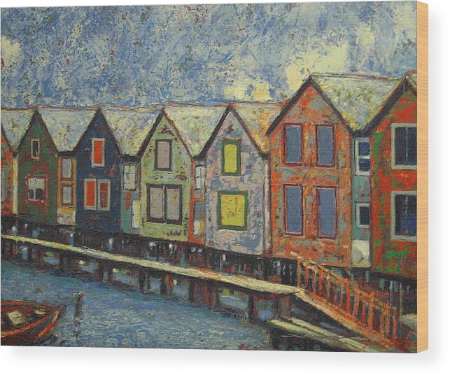 Landscape Wood Print featuring the painting Fishermen huts by Walter Casaravilla