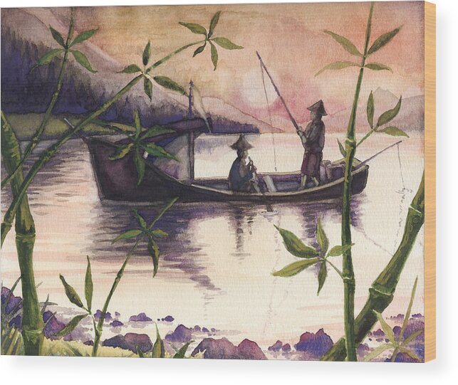 Fishing Wood Print featuring the painting Fishing In The Sunset  by Alban Dizdari