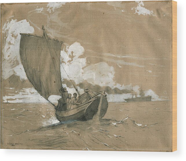 Winslow Homer Wood Print featuring the glass art Fishing off Scarborough by Winslow Homer