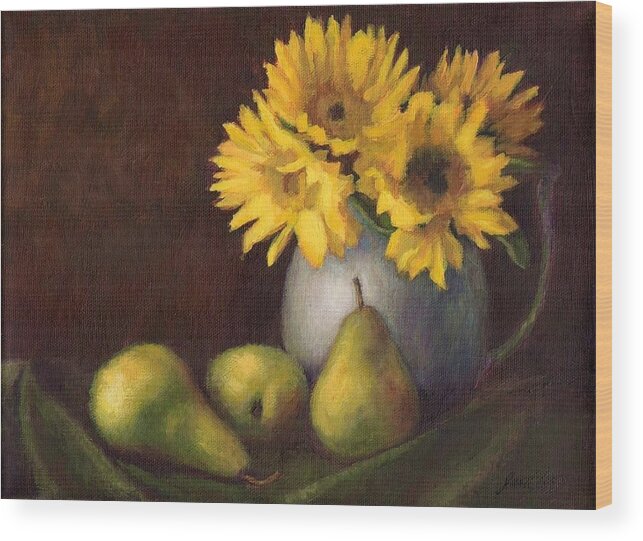 Flowers And Fruit Still Life Wood Print featuring the painting Flowers and Fruit by Janet King