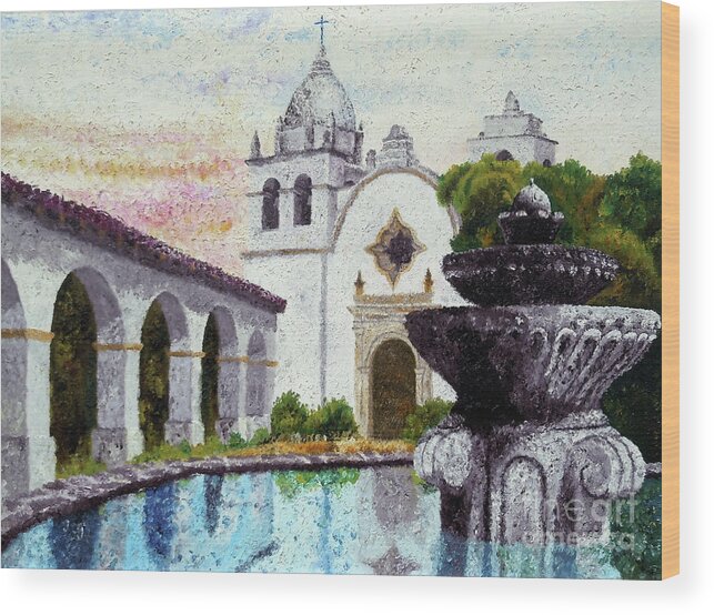 Carmel Wood Print featuring the painting Fountain at Carmel by Laura Iverson