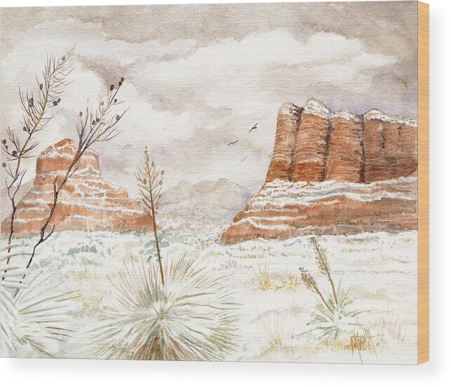 Bell Rock Wood Print featuring the painting Fresh Snow On Bell Rock by Marilyn Smith