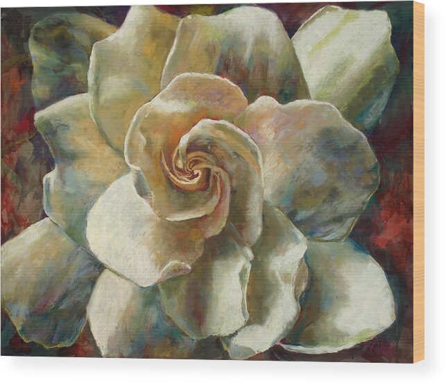 Billie J Colson Floral Art Wood Print featuring the painting Gardenia by Billie Colson