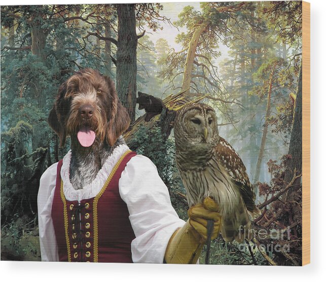 German Wirehaired Pointer Wood Print featuring the painting German Wirehaired Pointer Art Canvas Print - Lady Owl and Little Bears by Sandra Sij
