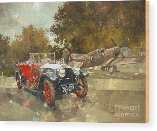 Rolls Royce; Car; Vehicle; Vintage; Automobile; Airplane; Aeroplane; Plane; Aircraft; Raf; Royal Air Force; Spitfire; Classic Car; Old Timer Wood Print featuring the painting Ghost and Spitfire by Peter Miller
