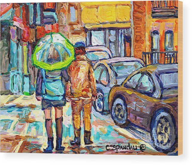 Montreal Wood Print featuring the painting Girl With Green Umbrella Rainy Day Rue Wellington Walking Verdun Streets Canadian Art C Spandau by Carole Spandau