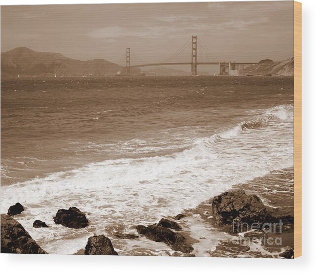 Golden Gate Bridge Wood Print featuring the photograph Golden Gate Bridge with Shore - Sepia by Carol Groenen