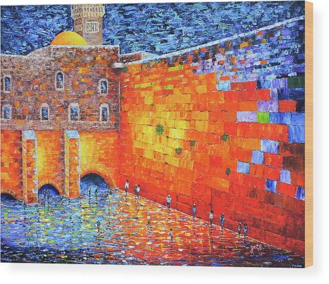 Jerusalem Wailing Wall Wood Print featuring the painting Wailing Wall Greatness In the Evening Jerusalem palette knife painting by Georgeta Blanaru