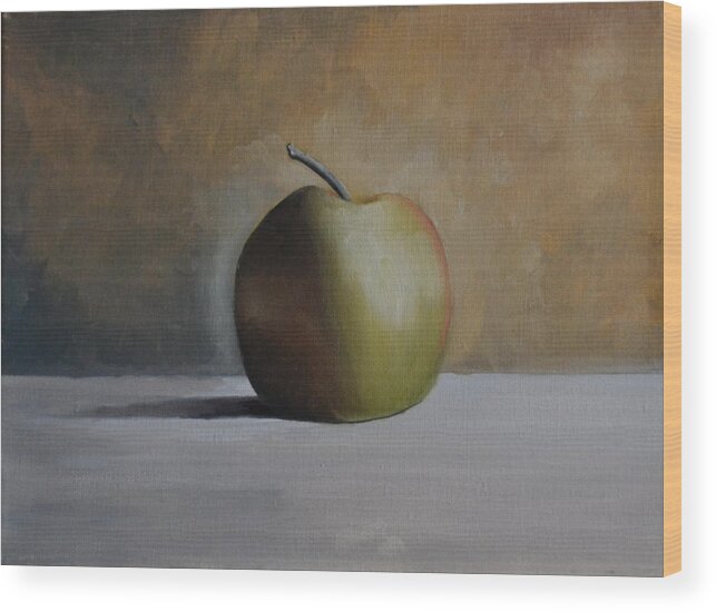A Green Apple Sitting On A Light Gray Table. The Apple Has A Stem And Is Casting A Dark Shadow On The Table. The Background Is Multi-colors Of Gray Wood Print featuring the painting Green Apple by Martin Schmidt