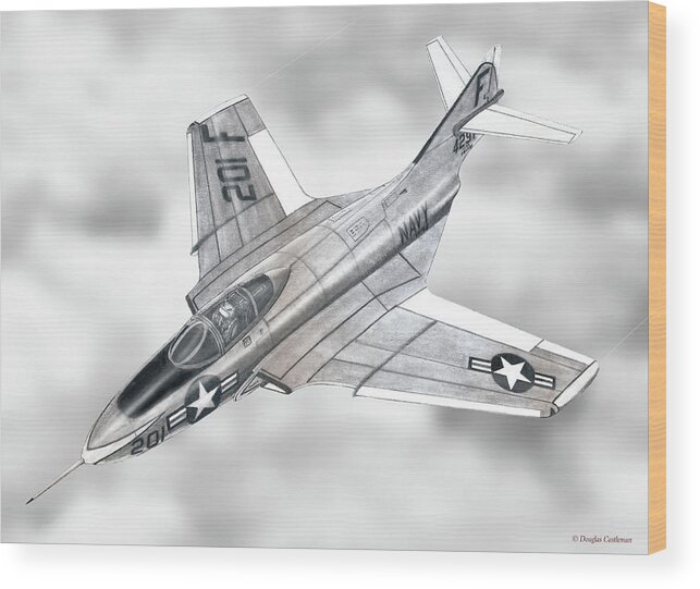 Aviation Art Wood Print featuring the drawing Grumman F9F Cougar by Douglas Castleman