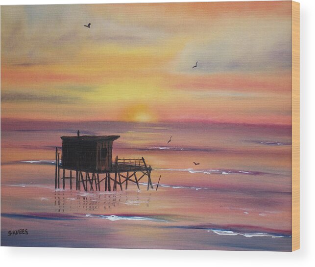 Sunset Wood Print featuring the painting Gulf Coast Fishing Shack by Susan Kubes