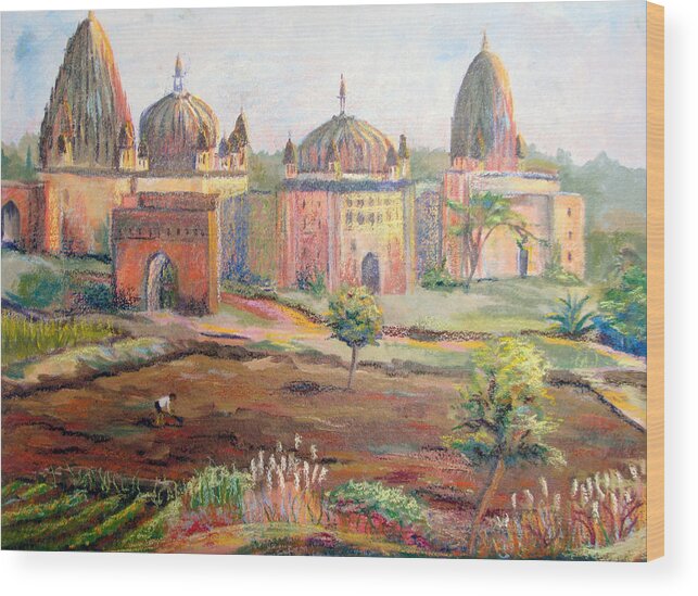 Landscape Wood Print featuring the painting Hoeing by Hand in Orchha India by Art Nomad Sandra Hansen