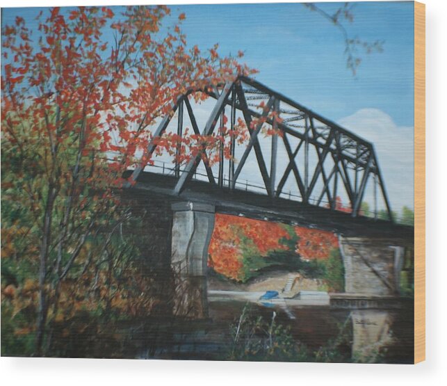Fall Wood Print featuring the painting Huntsville Ontario Train Bridge by Betty-Anne McDonald