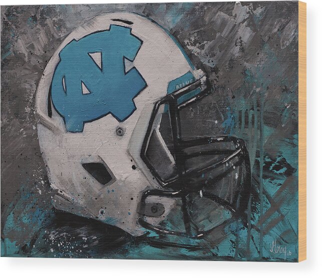 North Carolina Tarheels Wood Print featuring the painting I bleed Carolina Blue Tarheel Wall Art Football Helment by Gray Artus