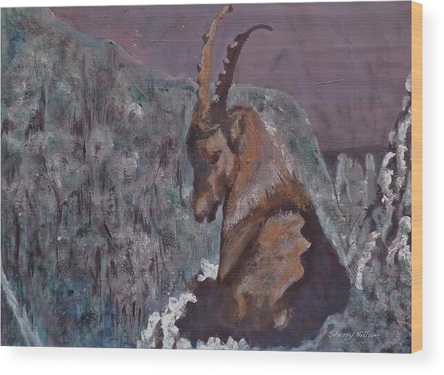 Mountain Wood Print featuring the painting Ibex on the Ledge by Sherry Killam