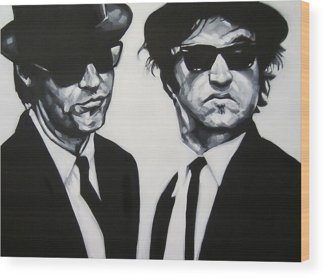 The Blues Brothers Jake And Elwood Canvas Portrait Black And White Wood Print featuring the painting Jake and Elwood by Steve Hunter