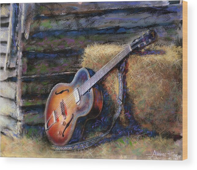 Watercolor Wood Print featuring the painting Jim's Guitar by Andrew King