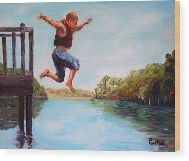 River Wood Print featuring the painting Jumping In The Waccamaw River by Phil Burton