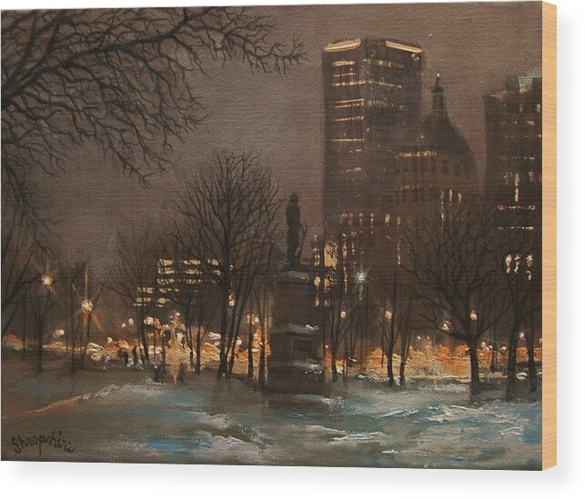 City At Night Wood Print featuring the painting Juneau Park Milwaukee by Tom Shropshire