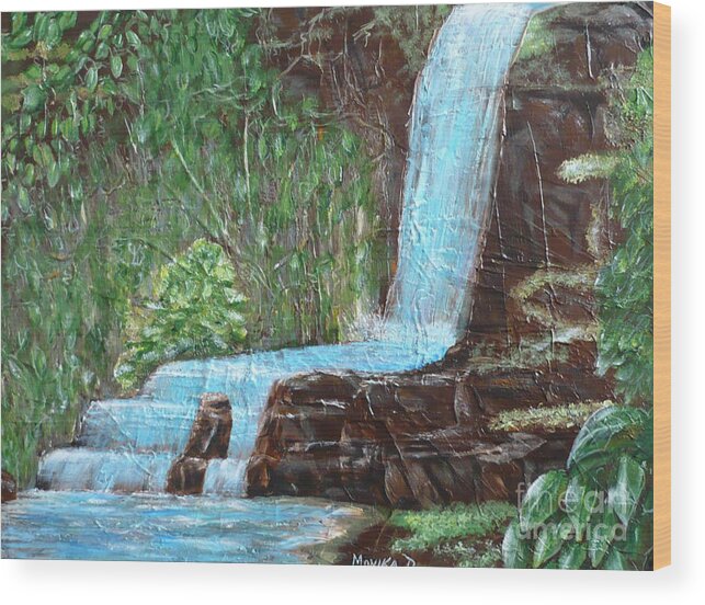 Waterfall Wood Print featuring the painting Jungle Waterfall by Monika Shepherdson