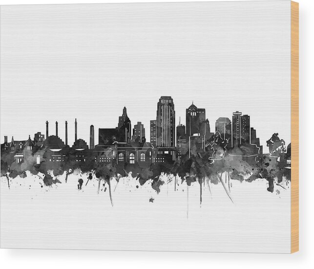Kansas City Wood Print featuring the digital art Kansas City Skyline Black And White by Bekim M