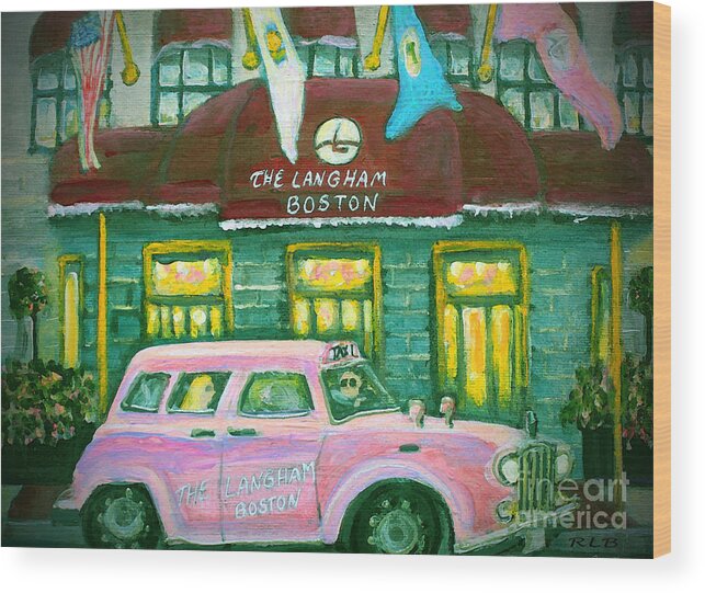Langham Hotel Wood Print featuring the painting Langham Hotel Pink Taxi by Rita Brown