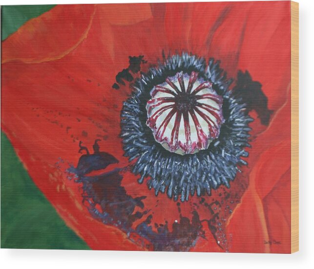 Flower Wood Print featuring the painting Larger Poppy Center by Betty-Anne McDonald