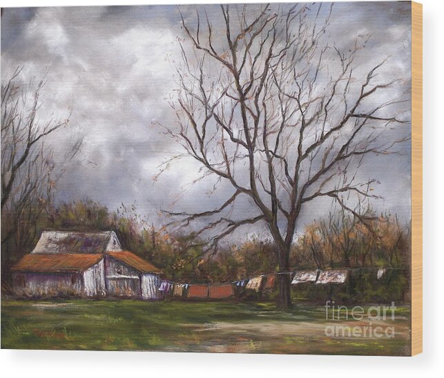 Landscape Wood Print featuring the pastel Laundry Day by Joyce Guariglia