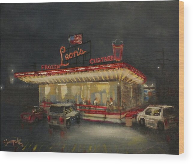 City At Night Wood Print featuring the painting Leon's Frozen Custard by Tom Shropshire