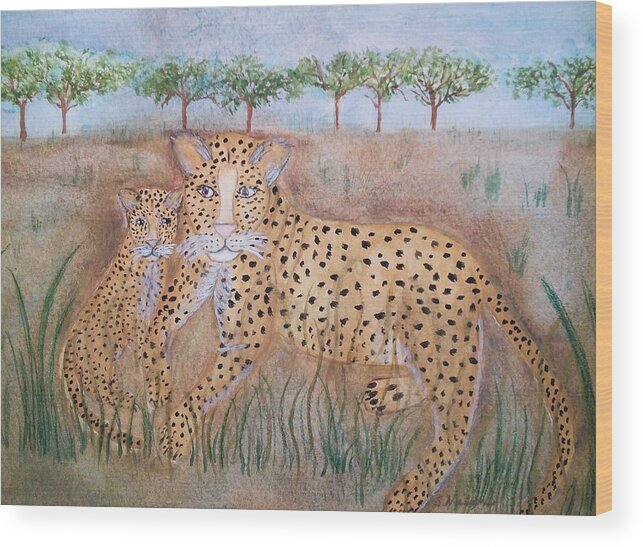 Whimsical Leopard With Cub Wood Print featuring the painting Leopard with cub by Susan Nielsen