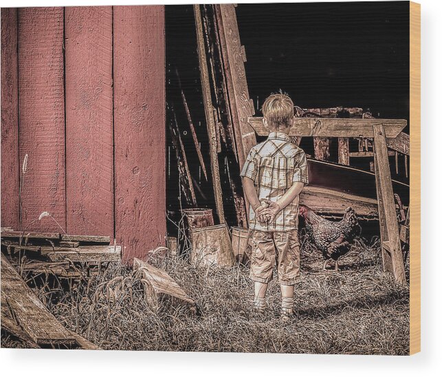 Boy Wood Print featuring the photograph Little Boy and Rooster by Julie Palencia