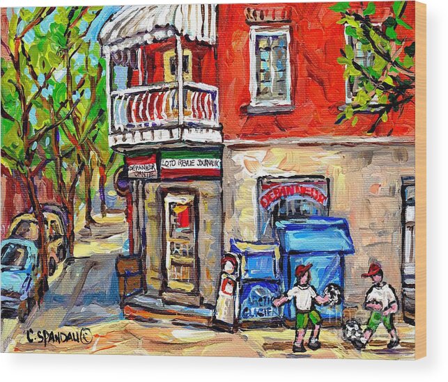 Montreal Wood Print featuring the painting Little Italy Soccer Kids Paintings Depanneur Rue Dante Petite Italie Montreal Best Canadian Art by Carole Spandau