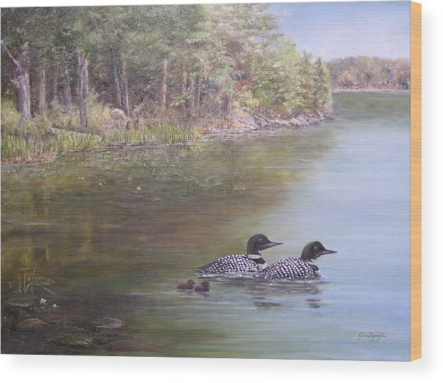 Loon Wood Print featuring the painting Loon Family 1 by Jan Byington